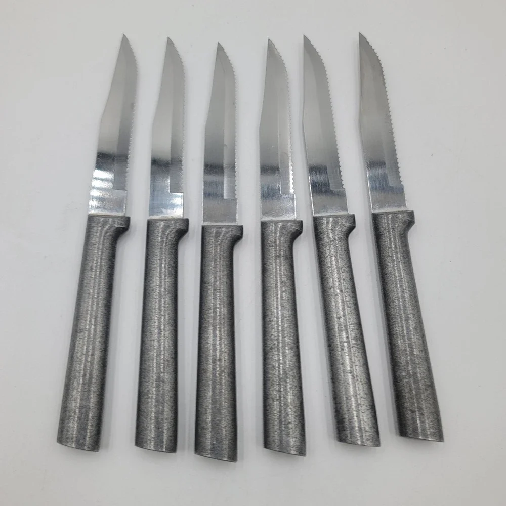 6 Piece Serrated Steak Knife Set Textured Grey Industrial Style Handles
